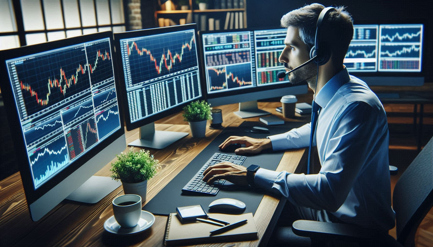 Financial analyst monitoring multiple screens with market data and investment charts